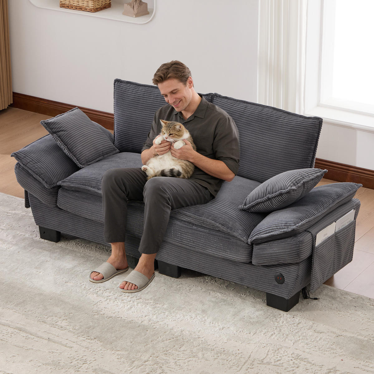 2-SITZER Sofa aus Cord 190x73x84 cm mit USB-C & Seitentaschen, dunkelgrau - Dunkelgrau, Textil (73/84/190cm)