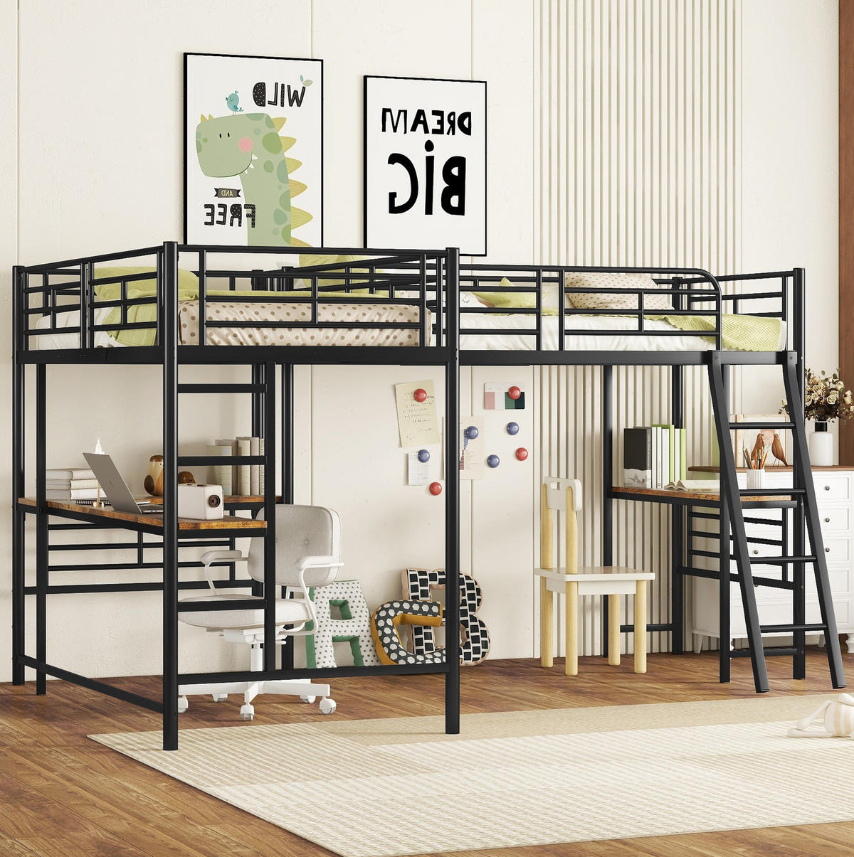 HOCHBETT 90/200 cm schwarz mit Matratze mit Tisch und Doppeltreppe - Schwarz, Metall (90/200cm) - OKWISH