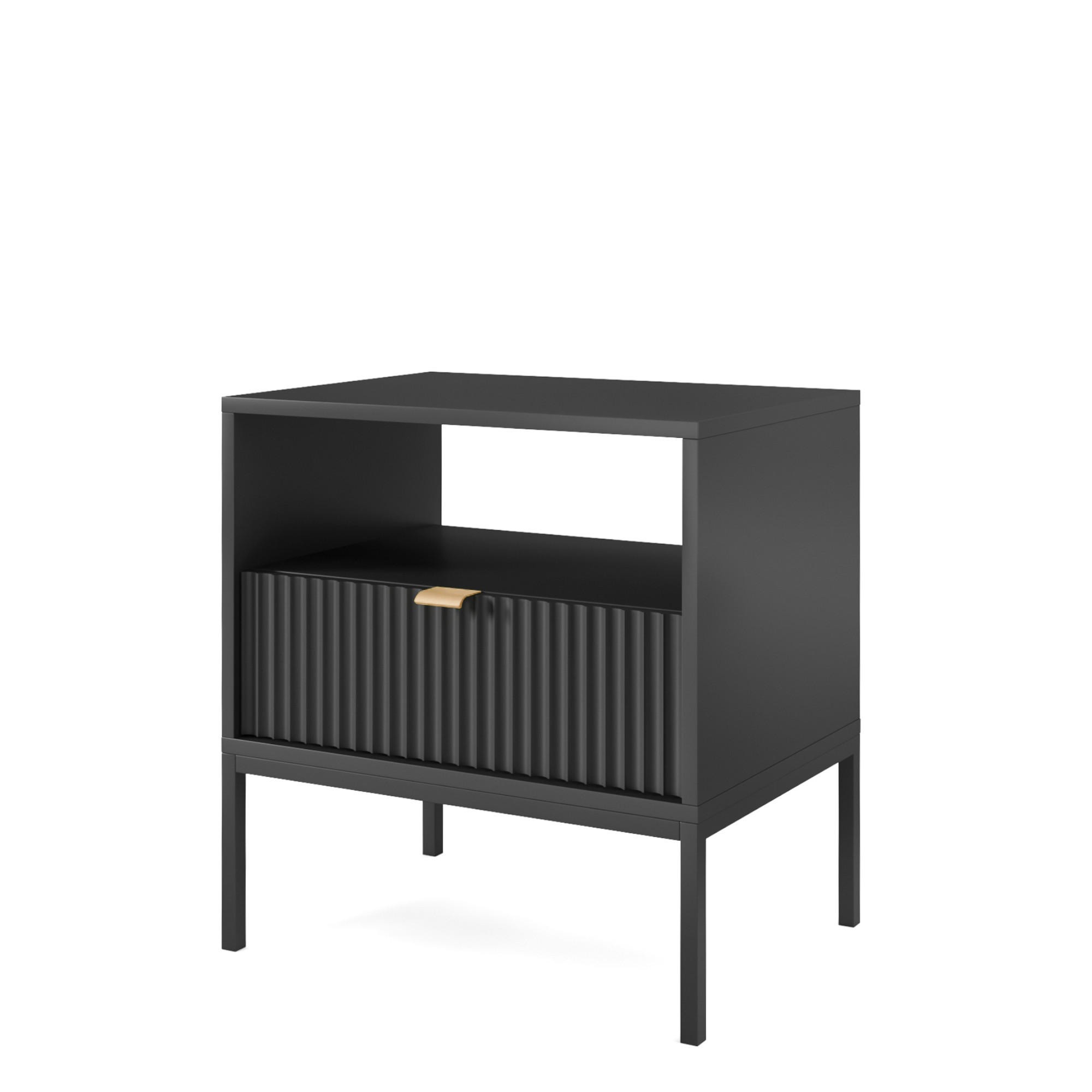 NACHTTISCH NANAIMO STO2-1S Profilierte Fronten, Schwarz - Schwarz, Holzwerkstoff/Kunststoff (54/56/39cm) - Komodee