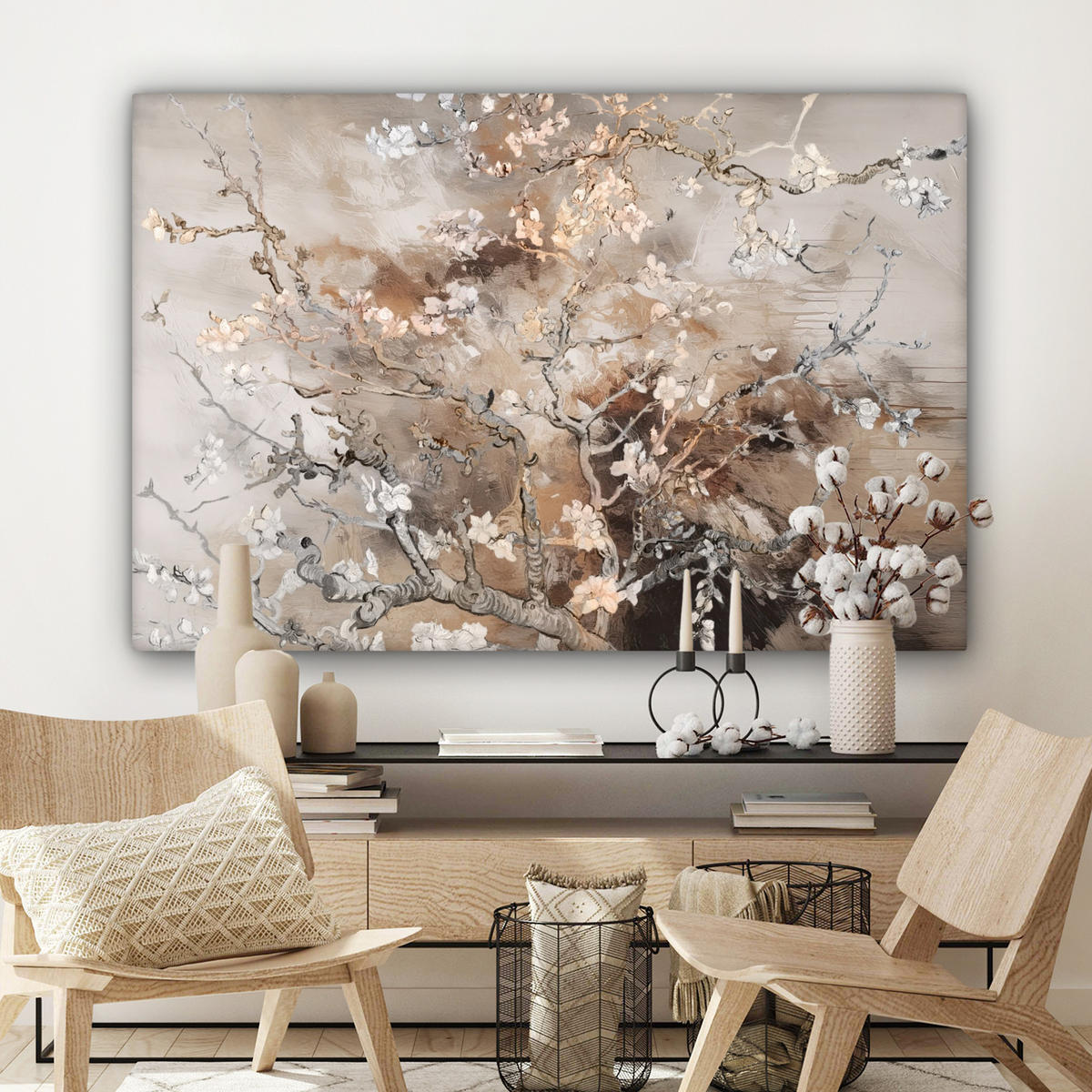 LEINWANDBILD Mandelblüte - Kunst - Van Gogh - Beige - Abstrakt Wohnzimmer Groß 120x80 cm - Braun, Textil (120/80cm) - MuchoWow