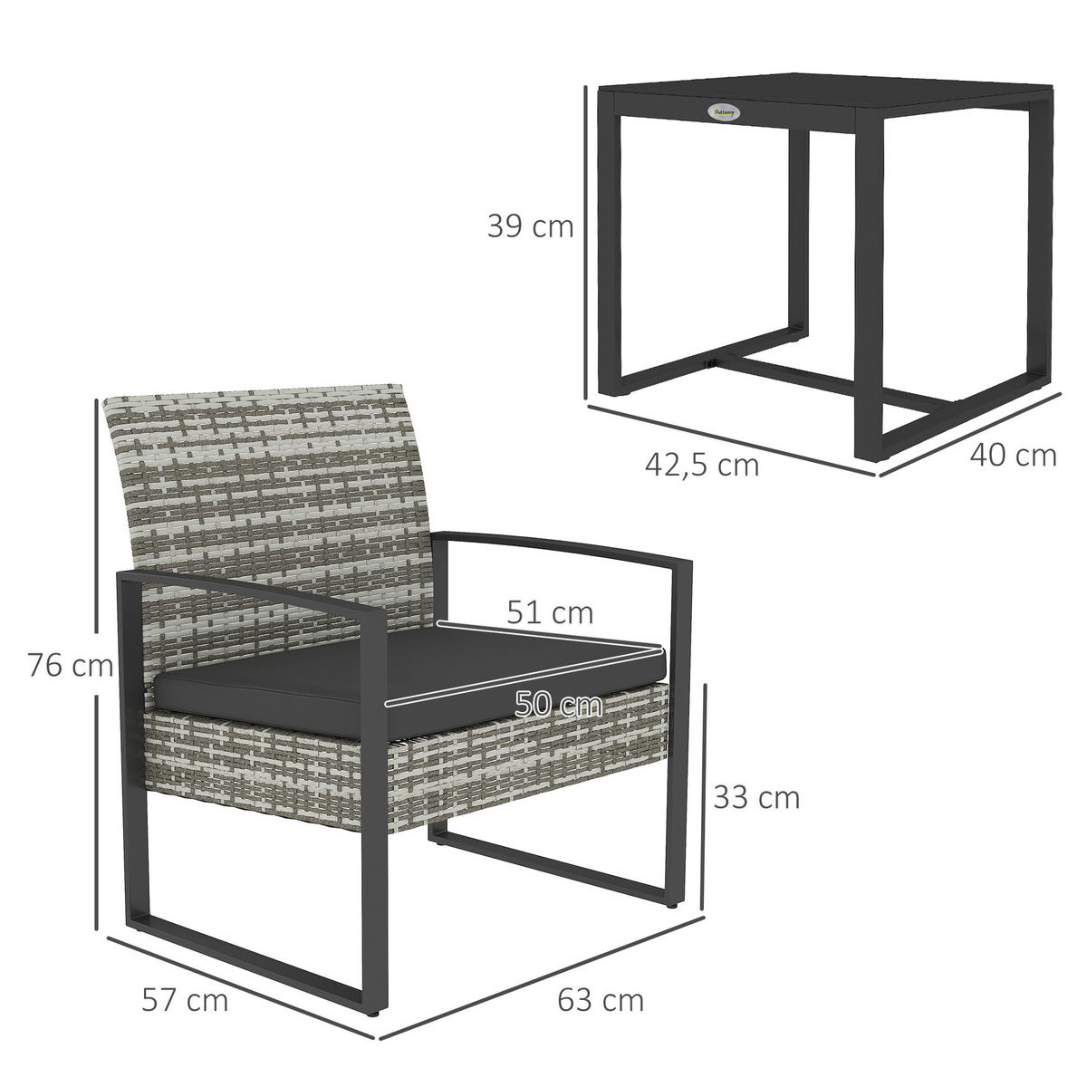 GARTENSET DE-13602 2 Stühle mit Kissen, Glastisch Hellgrau - Hellgrau, Metall - ComfortXL