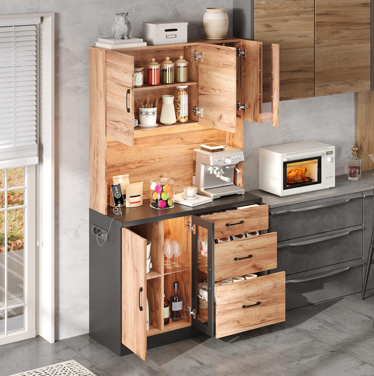 BUFFET aus MDF 105x40x180 cm in Holzoptik/Schwarz mit LED, USB, Steckdosen und verstellbaren Einlegeböden - Naturfarben, Holzwerkstoff (105/180/40cm) - Modfu