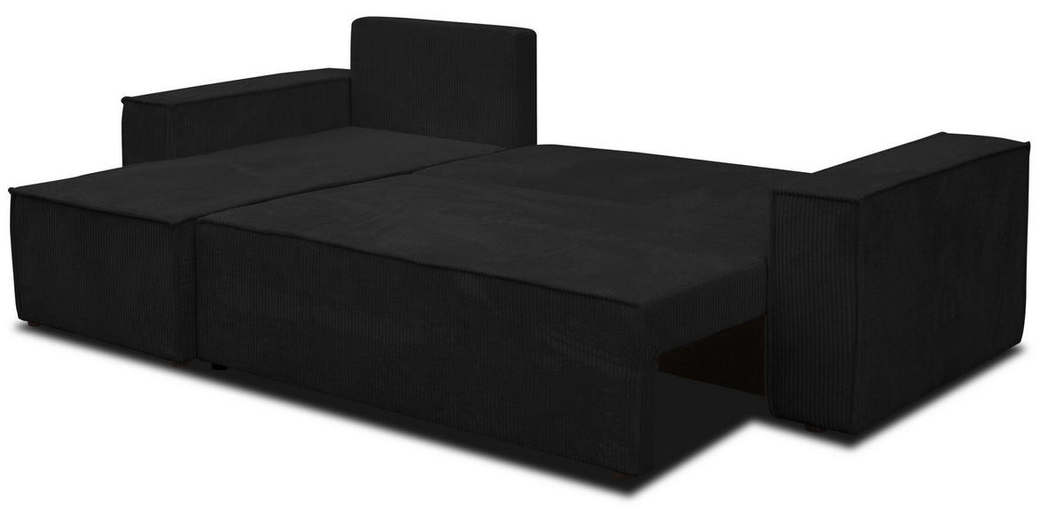 ECKSOFA Hugo L in L-Form mit Schlaffunktion und Bettkasten, Farbe: Schwarz, Cordstoff, Ottomane Unsiversal - Schwarz, Textil (244/145cm) - VENASI MÖBEL