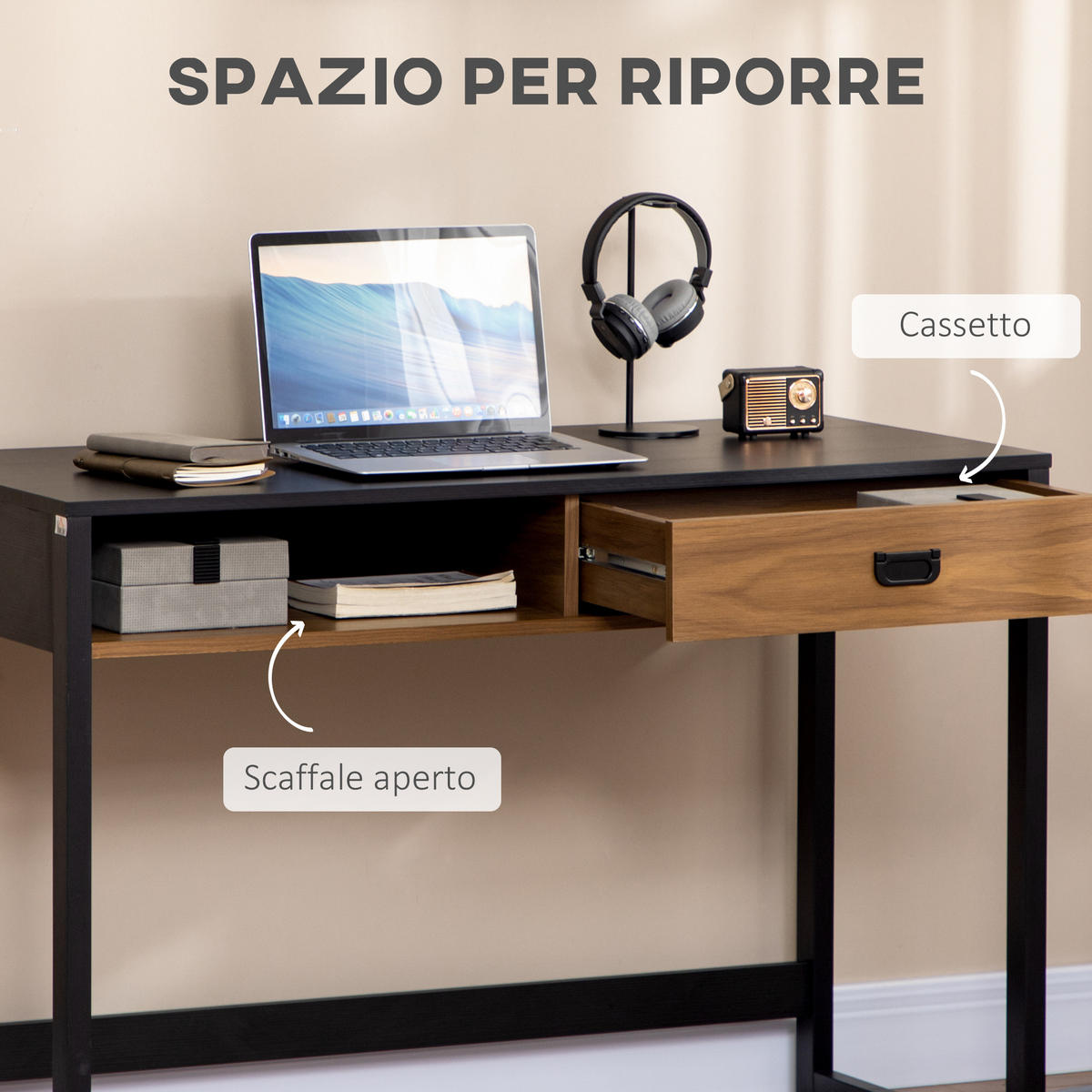 BÜROTISCH Walnuss und Schwarz 1 Stück - Multicolor, Holzwerkstoff (107/60/76cm) - GiPP