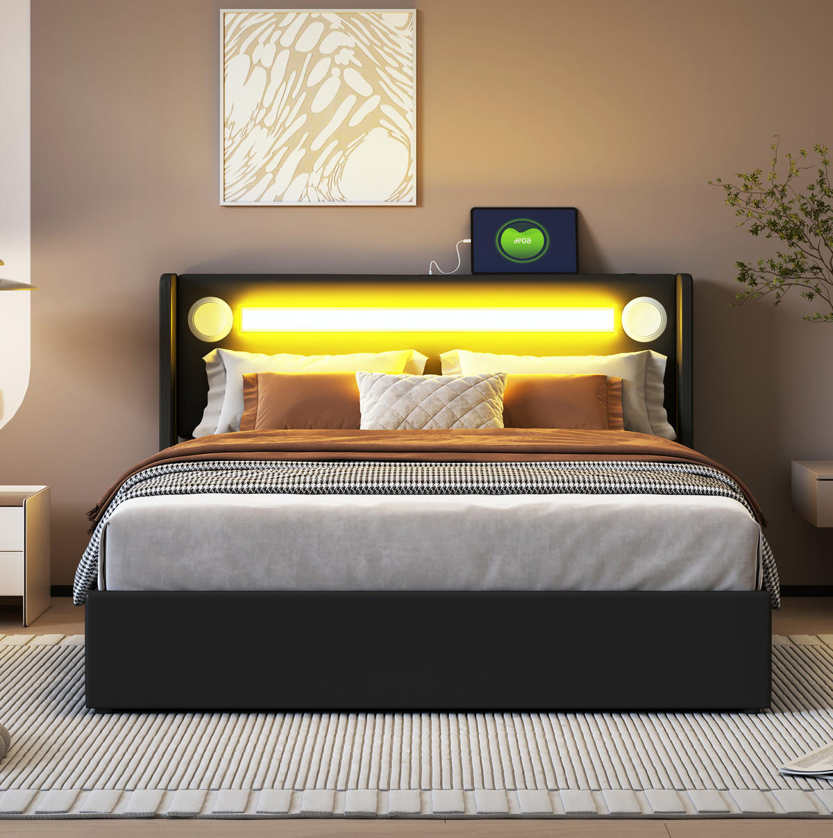 ČALÚNENÁ posteľ z PU kože 140x200 cm čierna s LED, Bluetooth, USB a úložným priestorom - čierna, plast (140/200cm) - Modfu