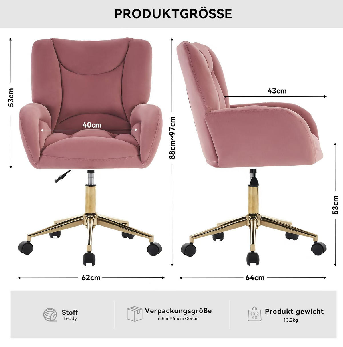 DREHSTUHL Samt höhenverstellbar und 360° drehbar 64/62/92.5 cm Rosa - Rosa, Textil (62/92.5/64cm) - Redom