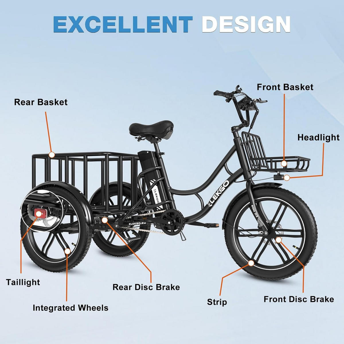 E-BIKE EGO 03S 48V 18Ah großer Front und Heckkorb, max. Zuladung 125 kg - Schwarz, Metall (66cm) - ELEKGO