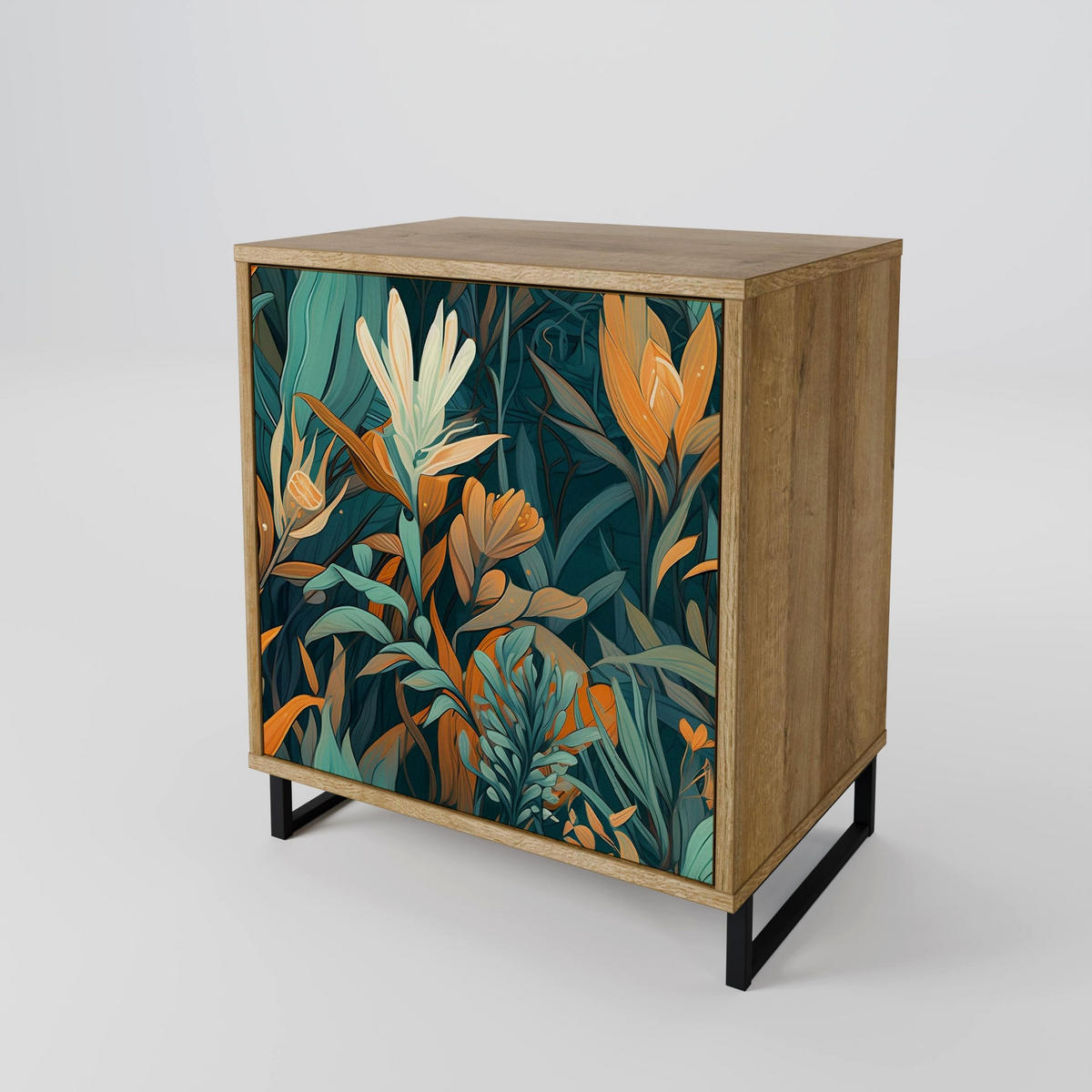 SIDEBOARD FLORAL SERENITY, Eichefarben, 57,5x42x77,5 cm, Schräge Buchenholzfüße - Eichefarben/Buchefarben, Holzwerkstoff/Buchenholz (57.5/77.5/42cm) - SpaceRebels