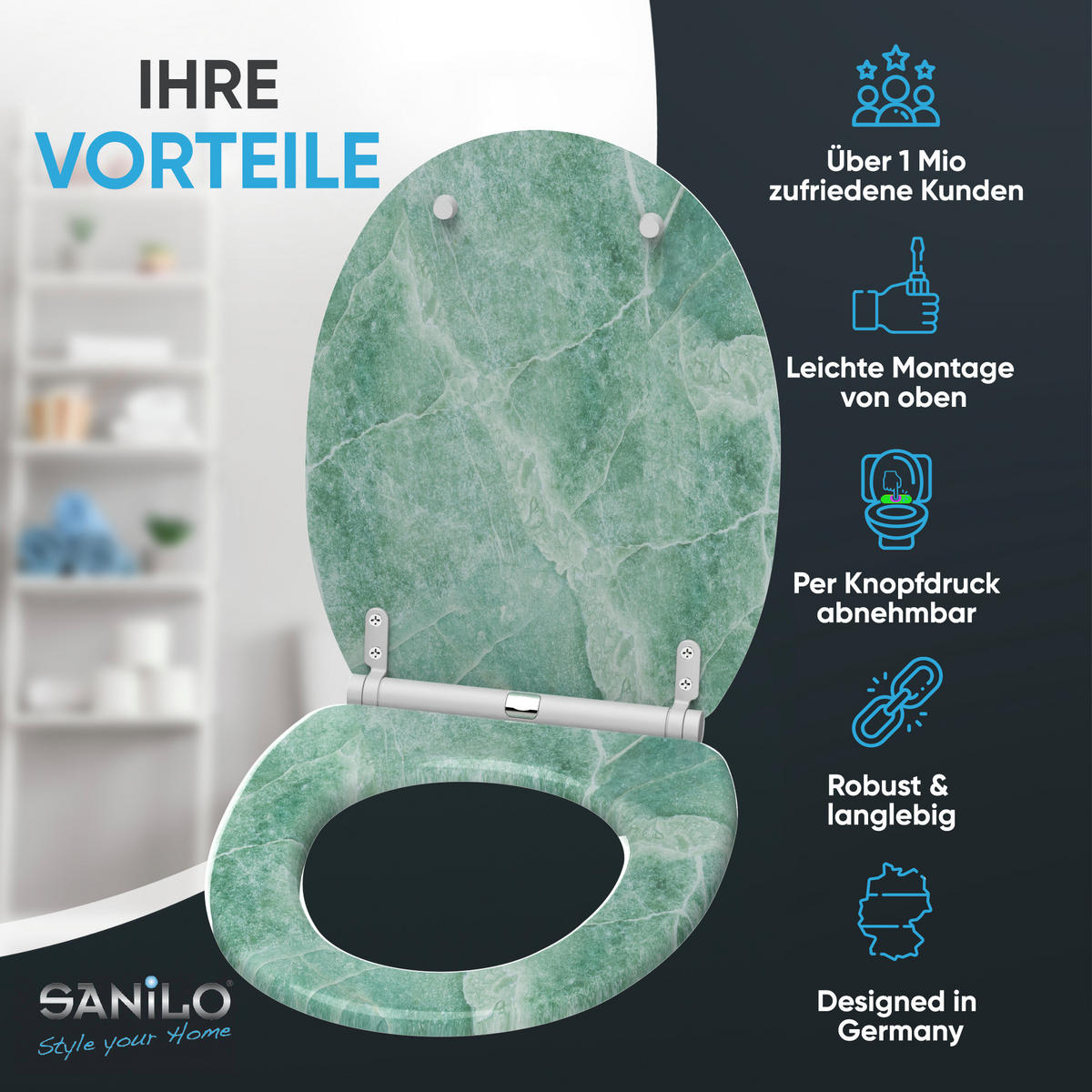 WC-SITZ mit Absenkautomatik & Top Fix Marmor Grün - Grün, Holzwerkstoff (37.7/5.5/48cm) - Sanilo