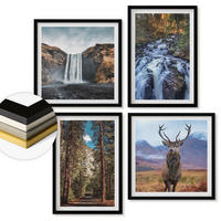 WANDBILDER 4er-Set - 50x50 cm & 40x60 cm Schwarzer Rahmen - Wasserfall Wald Berge Hirsch Natur - Schwarz, Kunststoff (50/50cm) - ArtPrintCave
