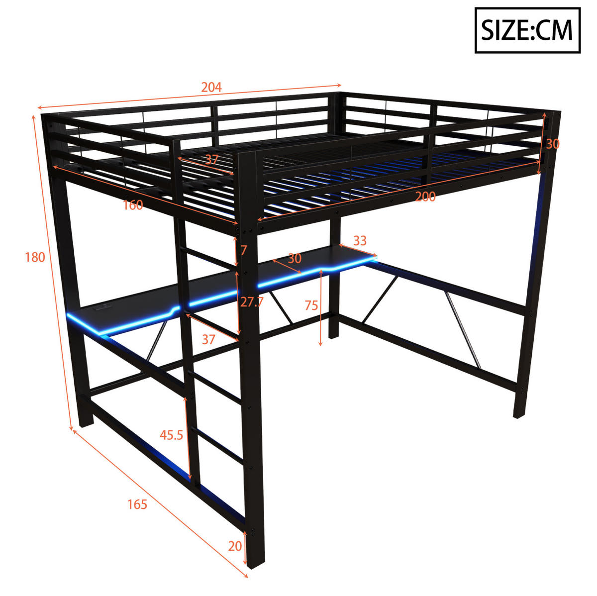 HOCHBETT aus Metall und MDF 160x200 cm Schwarz mit LED-Beleuchtung, Schreibtisch und Schutzgitter - Schwarz, Holzwerkstoff (160/200cm) - Modfu