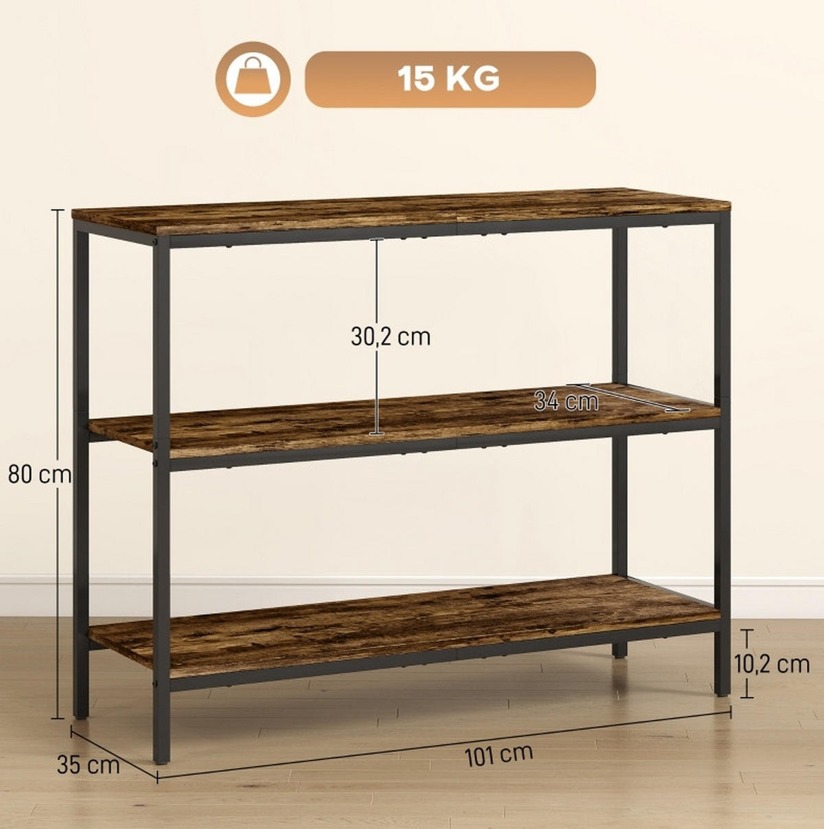 KONSOLENTISCH 101/35/80 cm Rustikalbraun mit 3-stufigem Regal aus Spanplatte und Metall - Braun, Holzwerkstoff (35/101/80cm) - OKWISH