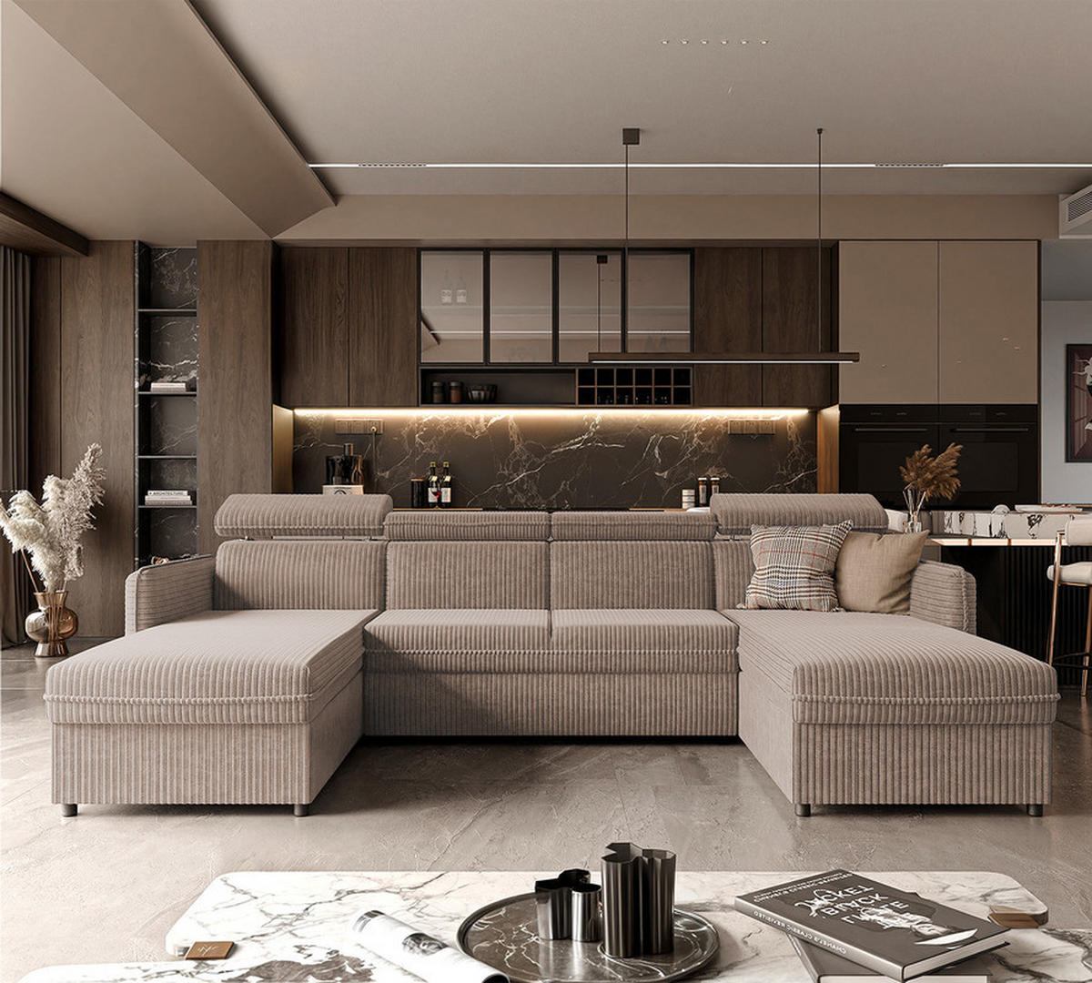 WOHNLANDSCHAFT BENI mit Schlaffunktion und Bettkasten Beige - Beige/Schwarz, Kunststoff/Textil (286/60/166cm) - Idohome
