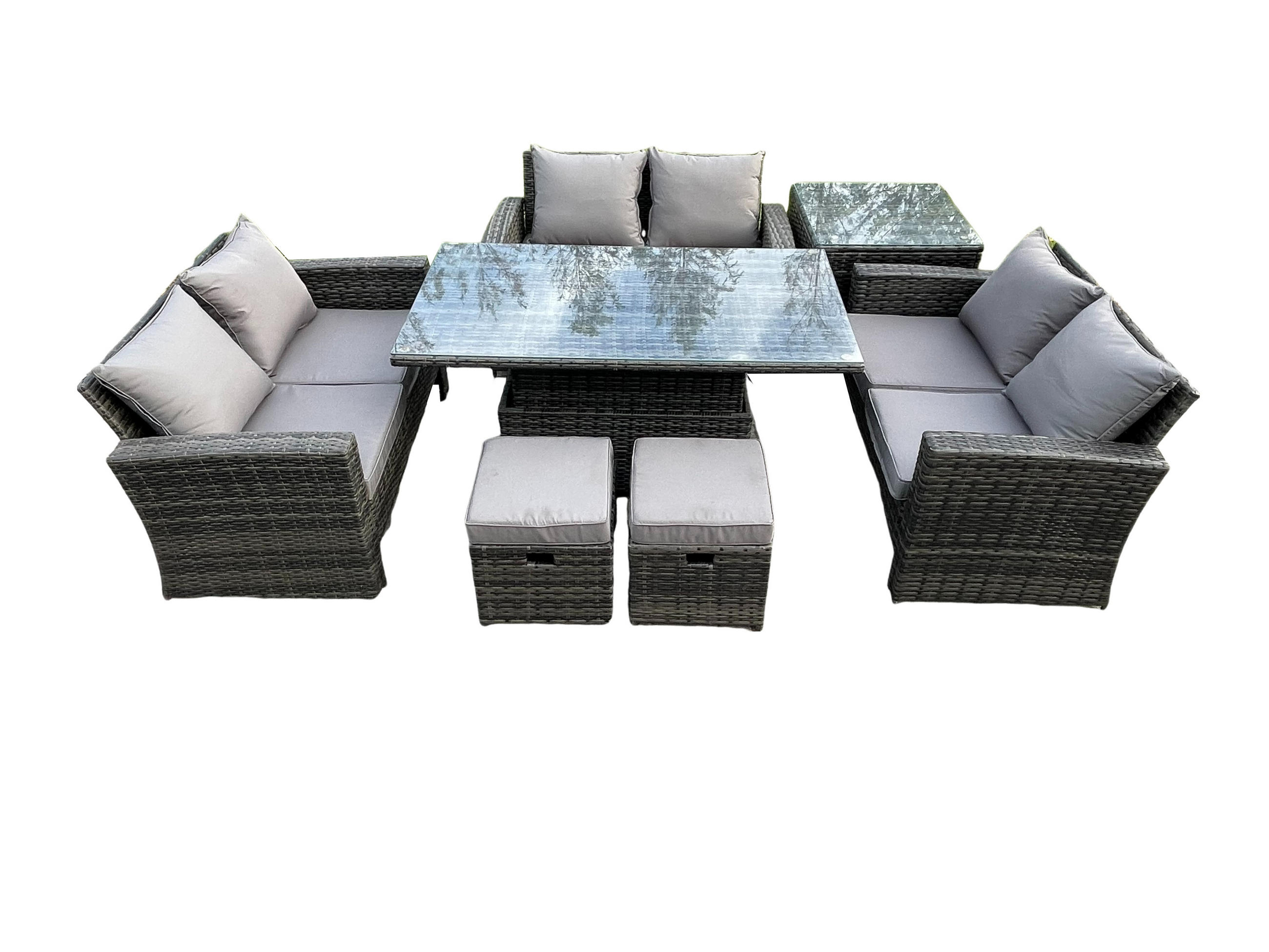 GARTEN-LOUNGE-SET HÖHENVERSTELLBARER ESSTISCH DOPPELSITZ-SOFA BEISTELLTISCHE 2 HOCKER Polyrattan Dunkelgrau Gemischt 8-Sitzer - Dunkelgrau, Metall - Fimous