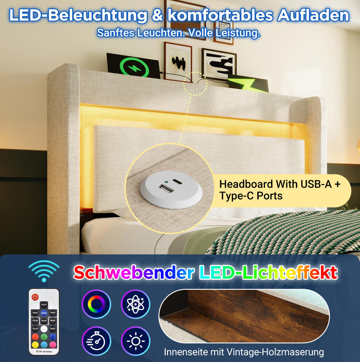 ČALÚNENÁ posteľ 90/200 cm s hydraulickým úložným priestorom, LED osvetlením a USB/USB-C nabíjaním, Béžová - béžová, textil (90/200cm) - Redom