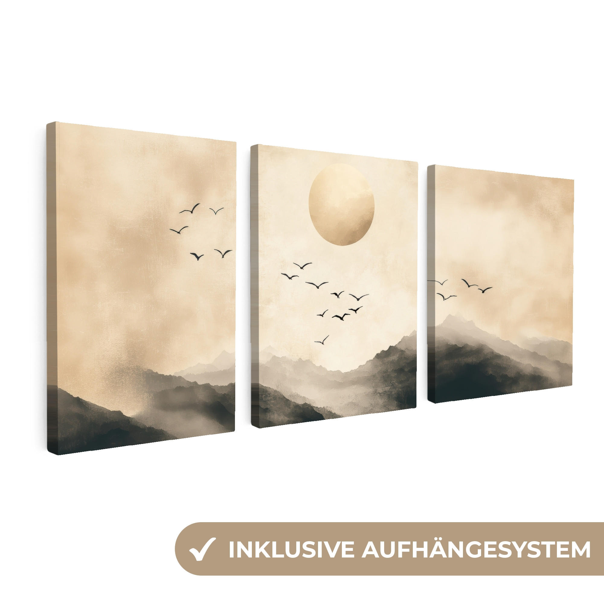 LEINWANDBILD 3er Set Landschaft - Japandi - Beige - Vögel 180x80 cm - Beige, Textil (180/80cm) - MuchoWow