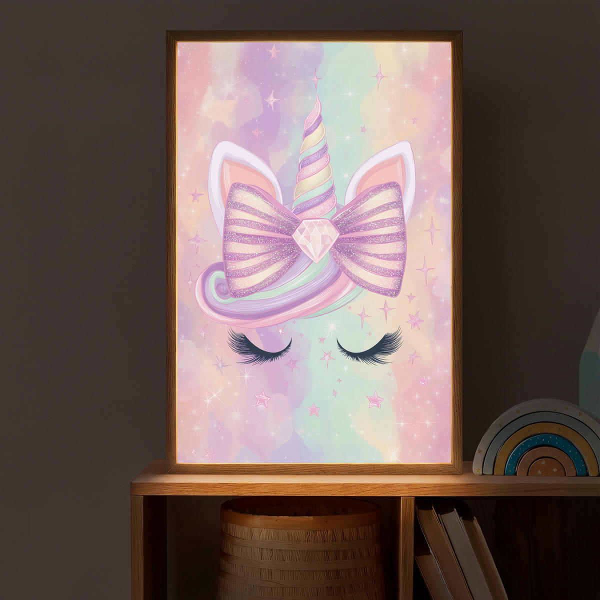 DOBÍJECÍ NOČNÍ LAMPIČKA Jednorožec - Třpytky - Duha - Pastelové barvy 40x60 cm - světle růžová, kompozitní dřevo (8/40/60cm) - OnlyWow