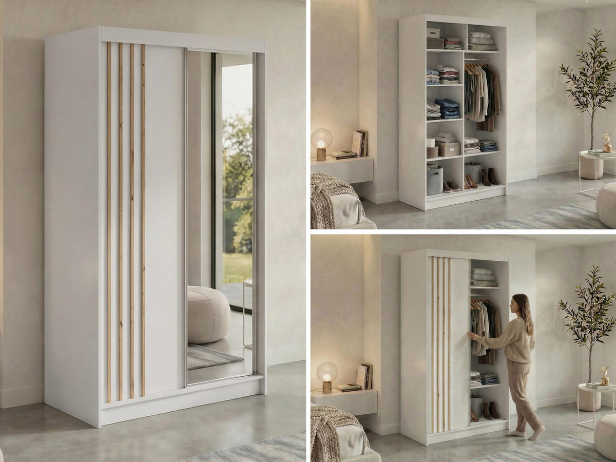 SCHWEBETÜRENSCHRANK mit Lamellen und Spiegel DIANA - 120 - Weiß und Eiche Artisan - Alufarben/Weiß, Holzwerkstoff/Metall (120/216/61cm) - MKS