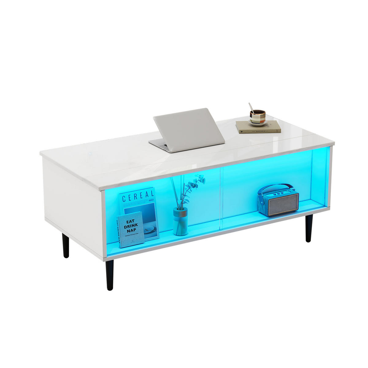 COUCHTISCH 105 / 50 / 43 cm höhenverstellbar mit LED-Beleuchtung und Stauraum - Weiß, Holzwerkstoff (105/50/43cm) - OKWISH