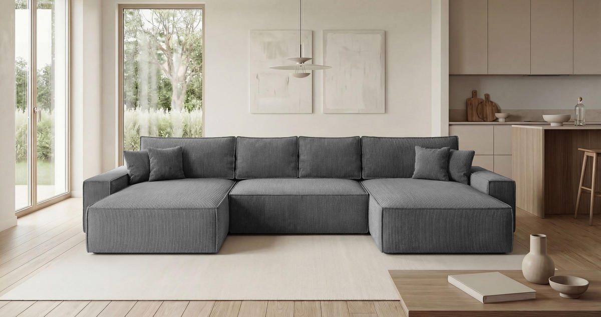 ROHOVÁ pohovka CALIFORNIA tvar U tmavě šedá manšestr POSO 60 - funkce spaní, úložný prostor - antracitová, textil (385/185cm) - Cornero