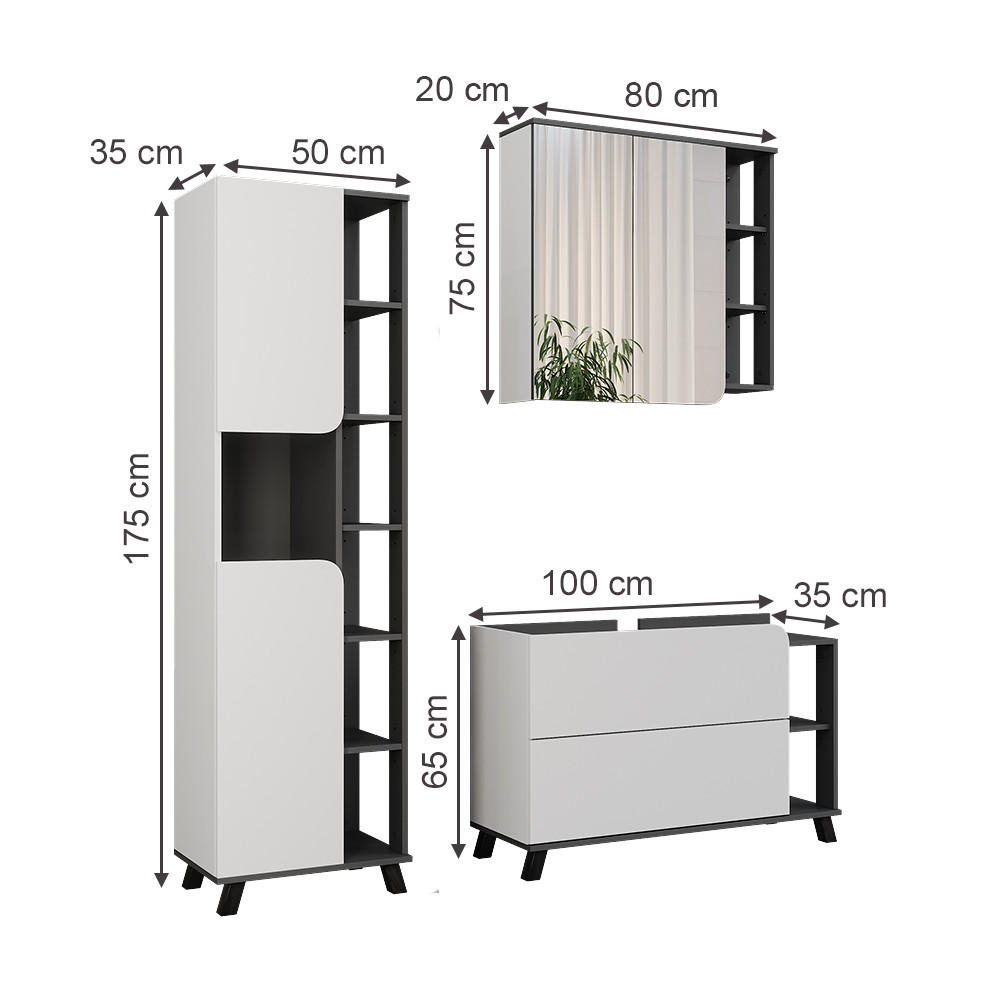 Vicco BADMÖBEL-SET Weiß, Anthrazit 100cm × 35cm × 65cm