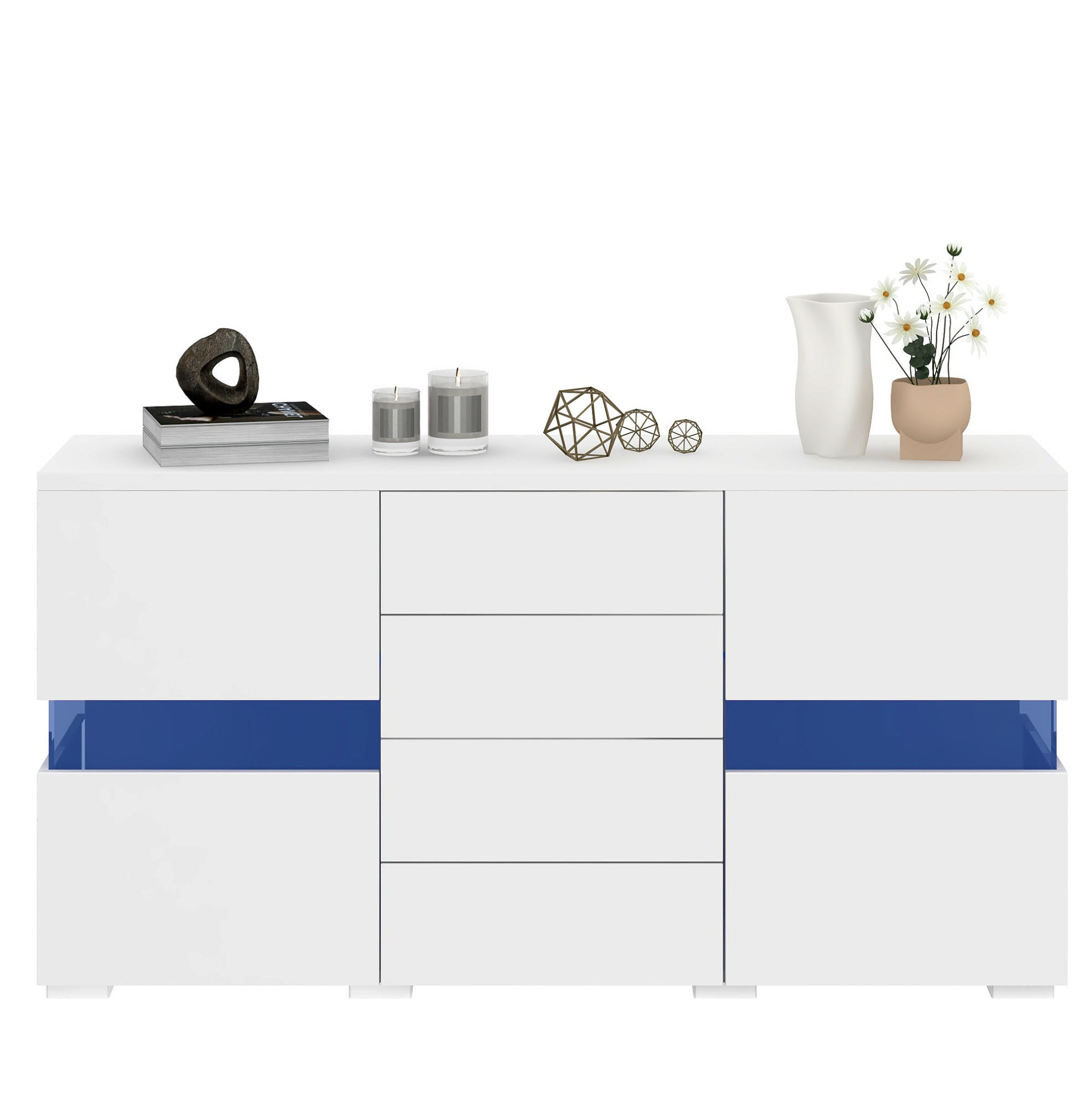SIDEBOARD 140/35/72 cm, Hochglanz-Front, 2 Acryltüren und 4 Schubladen, 16-Farben RGB-LED, Weiß - Weiß, Holzwerkstoff (140/72/35cm) - Redom