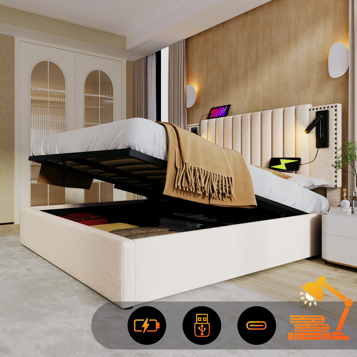 STAURAUMBETT 180/200 cm DE-00345, in Beige - Beige, Metall (180/200cm) - ComfortXL