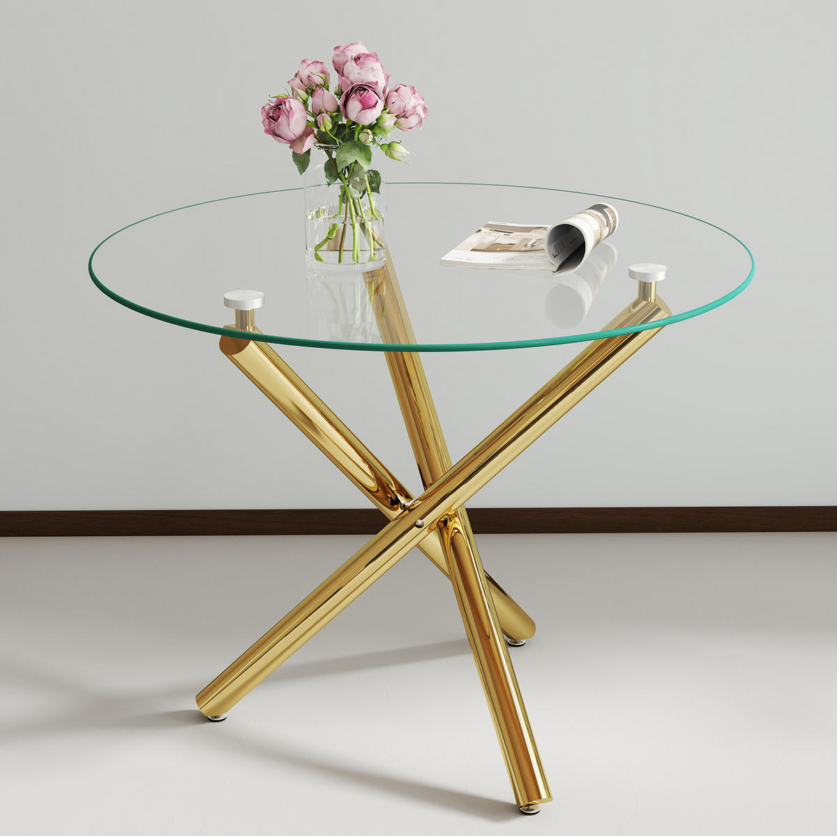 ESSTISCH 80/80/76 cm mit Glasplatte und goldfarbenem Kreuzgestell - Goldfarben, Metall (80/80/76cm) - Flora Grace