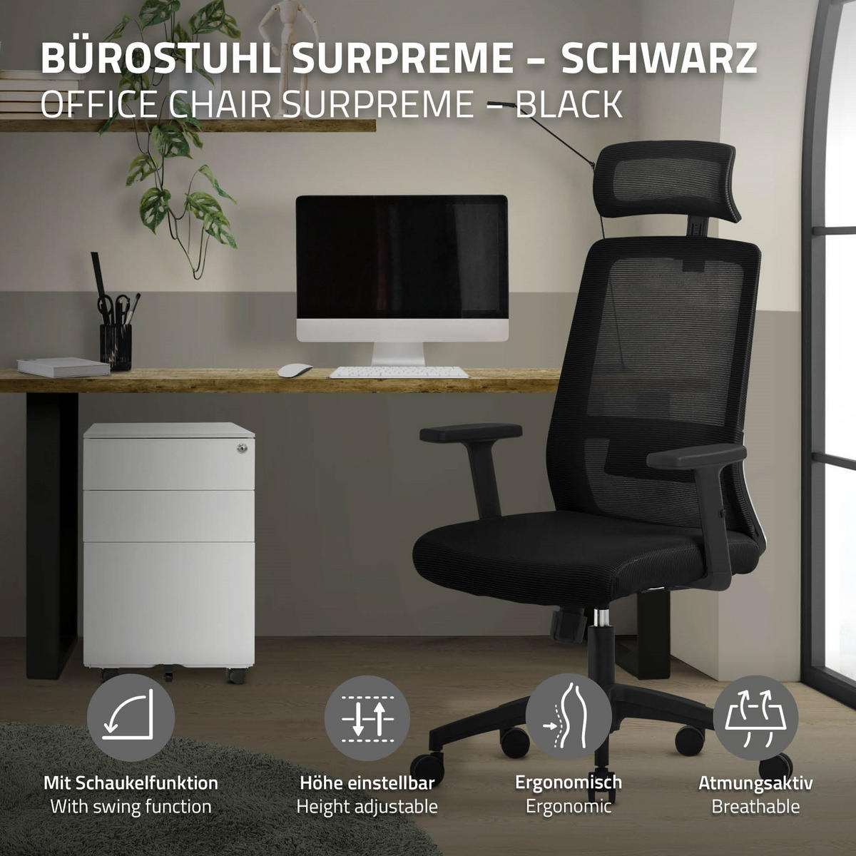 SCHREIBTISCHSTUHL Surpreme schwarz - Schwarz, Kunststoff (66/123/68cm) - ML-DESIGN