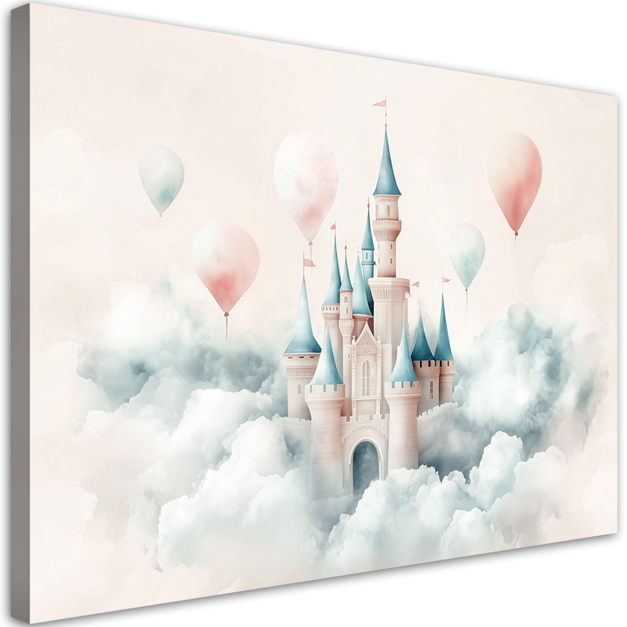 WANDBILD für kinderzimmer schloss mit luftballons in den wolken - Beige, Textil (120/80cm) - Feeby