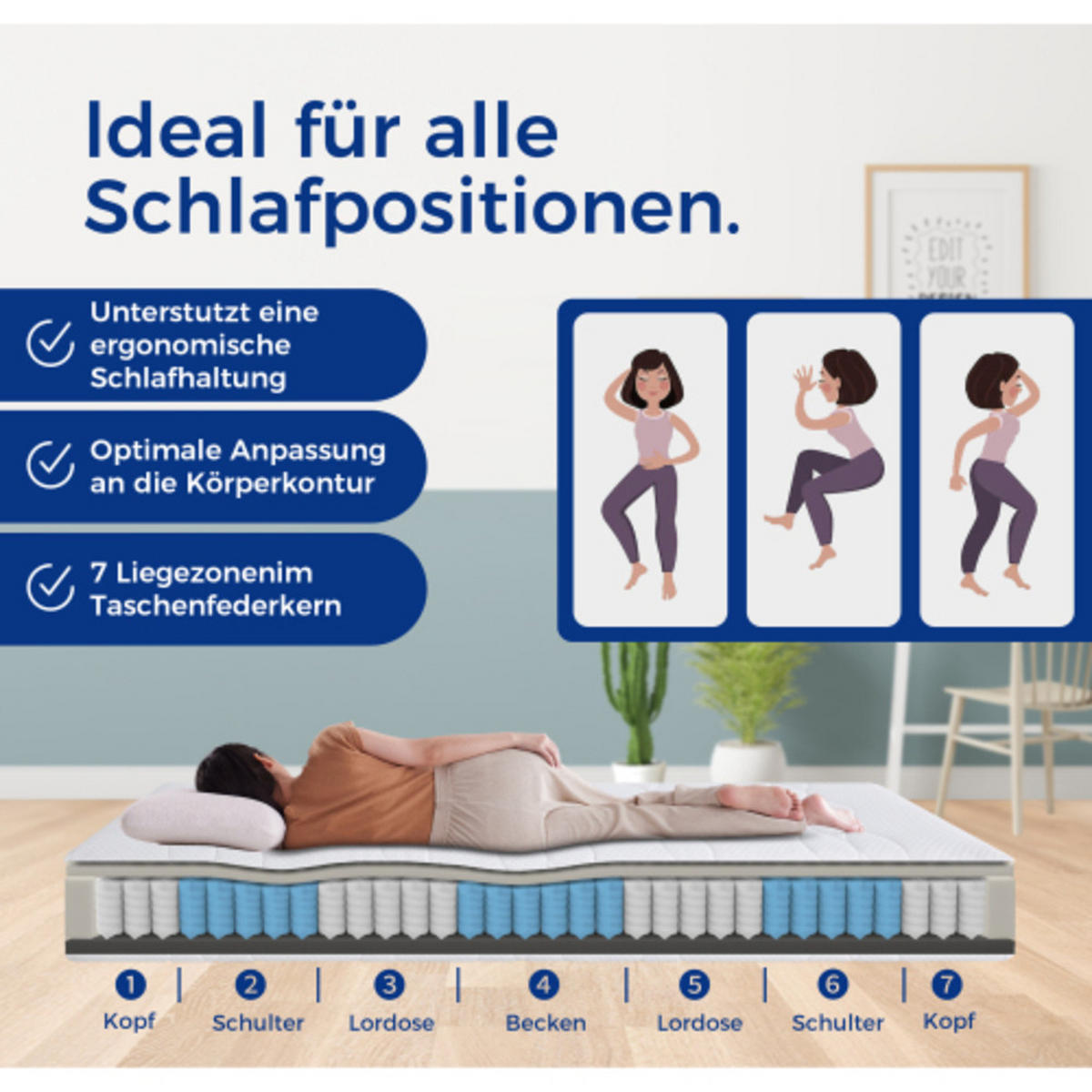 TASCHENFEDERKERNMATRATZE 90×200cm mit 7-Zonen-Schaum, beidseitigem Liegekomfort und abnehmbarem Bezug, weiß & grau - Weiß, Kunststoff - Luhomfu