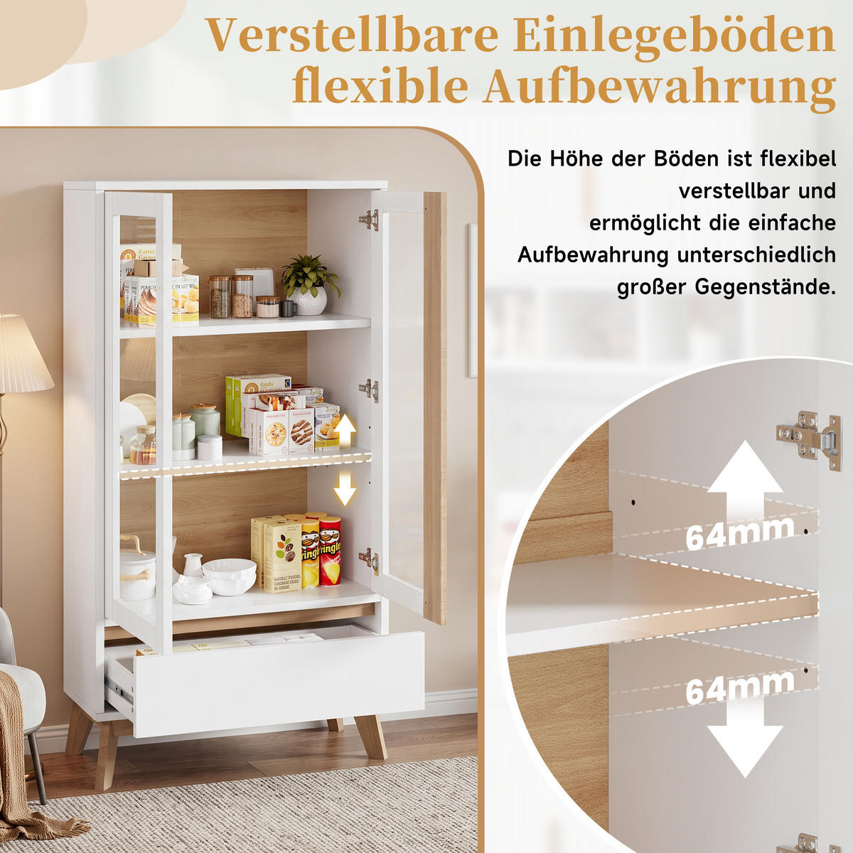 HIGHBOARD DE-38604 80/40/150 cm verstellbare Einlegeböden Weiß/Holz - Weiß, Holzwerkstoff (80/150/40cm) - ComfortXL