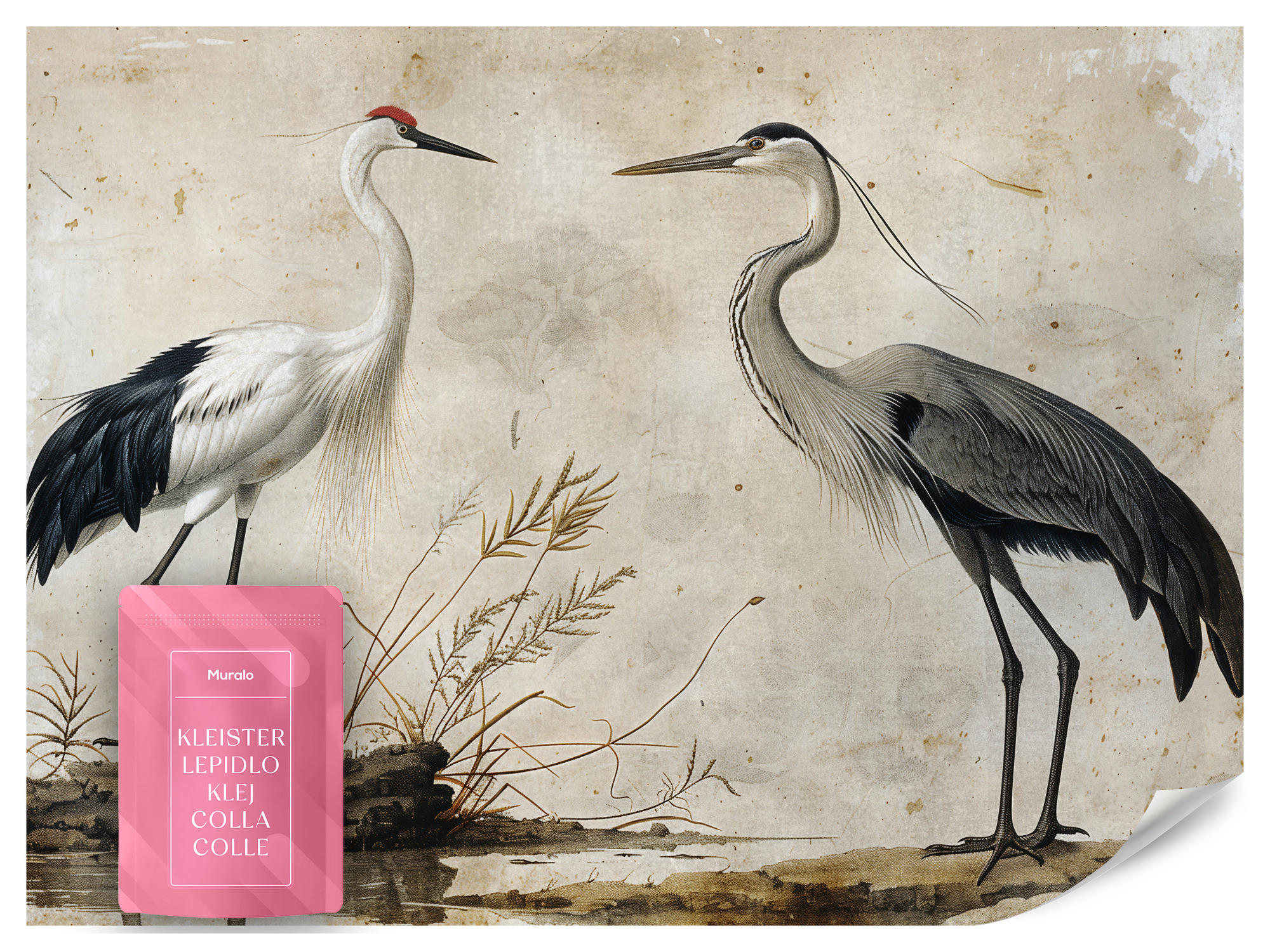 FOTOTAPETE Vögel Vögel Kranich Reiher Retro Stil 250x175 - Beige/Rot, Papier (250/175cm) - Muralo