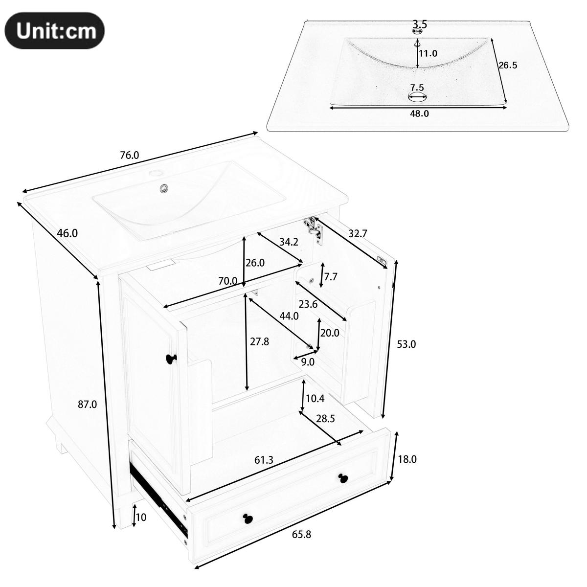 WASCHTISCHKOMBI Schwarz mit Doppelbecken & 2 Schubladen - Grau, Keramik/Holzwerkstoff (76/87/46cm) - Urban Meuble