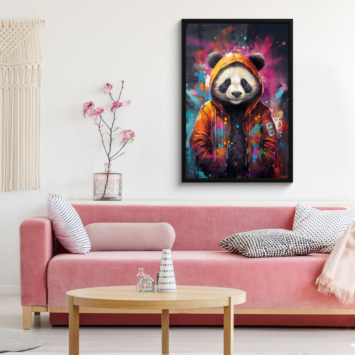 POSTER MIT RAHMENGERAHMTES BILD Panda - Jacke - Graffiti - Orange 60x90 cm - Orange, Papier (60/90cm) - MuchoWow