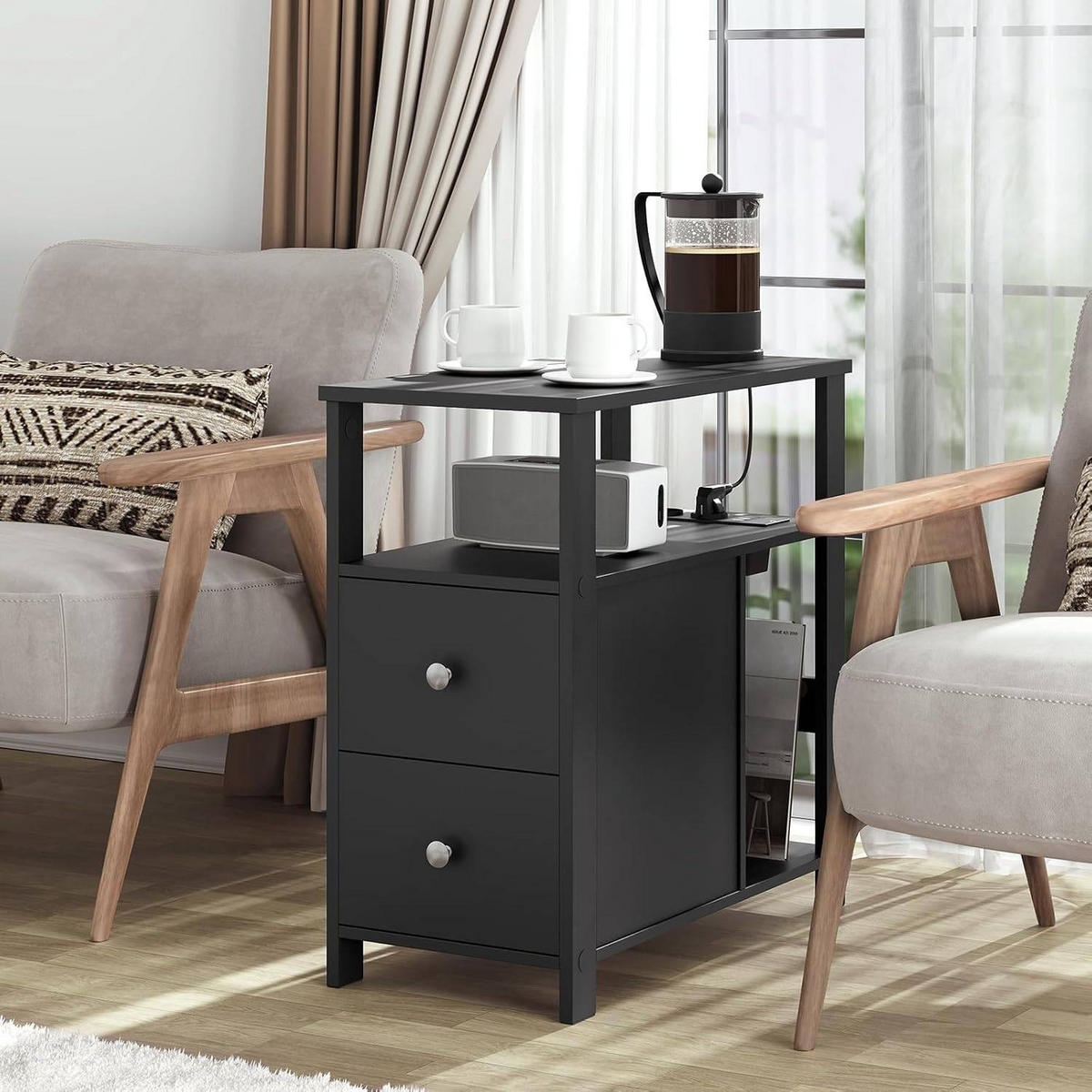 BEISTELLTISCH mit Steckdose, 60x60x30 cm - Schwarz, Holzwerkstoff (30/60/60cm) - Woltu