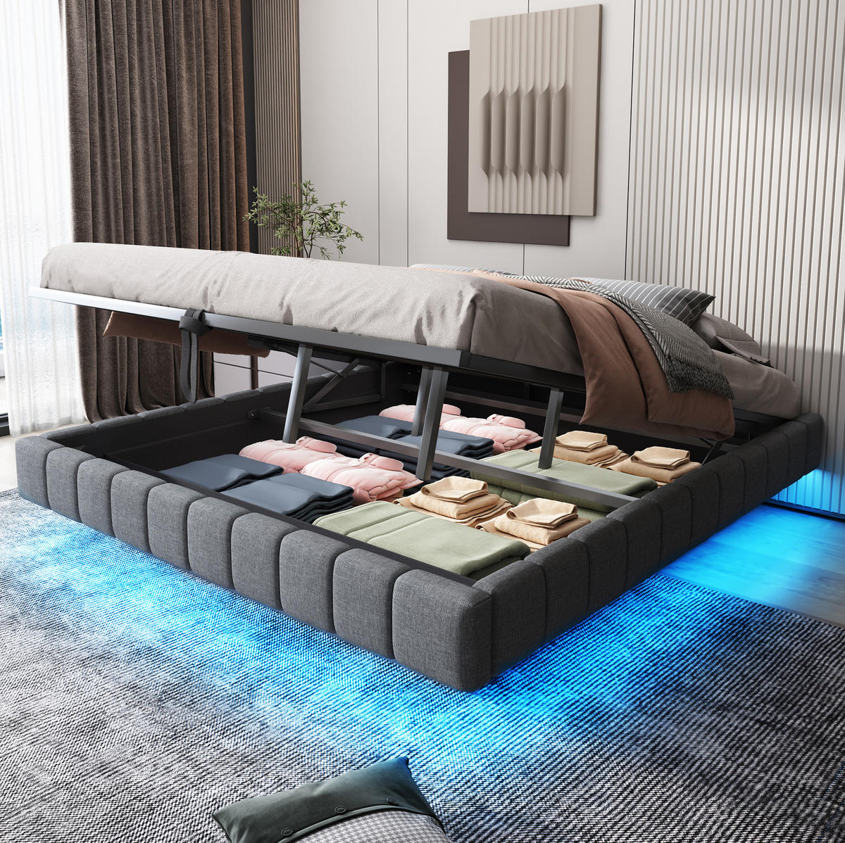 ČALOUNĚNÁ postel 180/200 cm, čalouněná, šedá, s úložným prostorem a LED osvětlením - šedá, textil (180/200cm) - BEAOK
