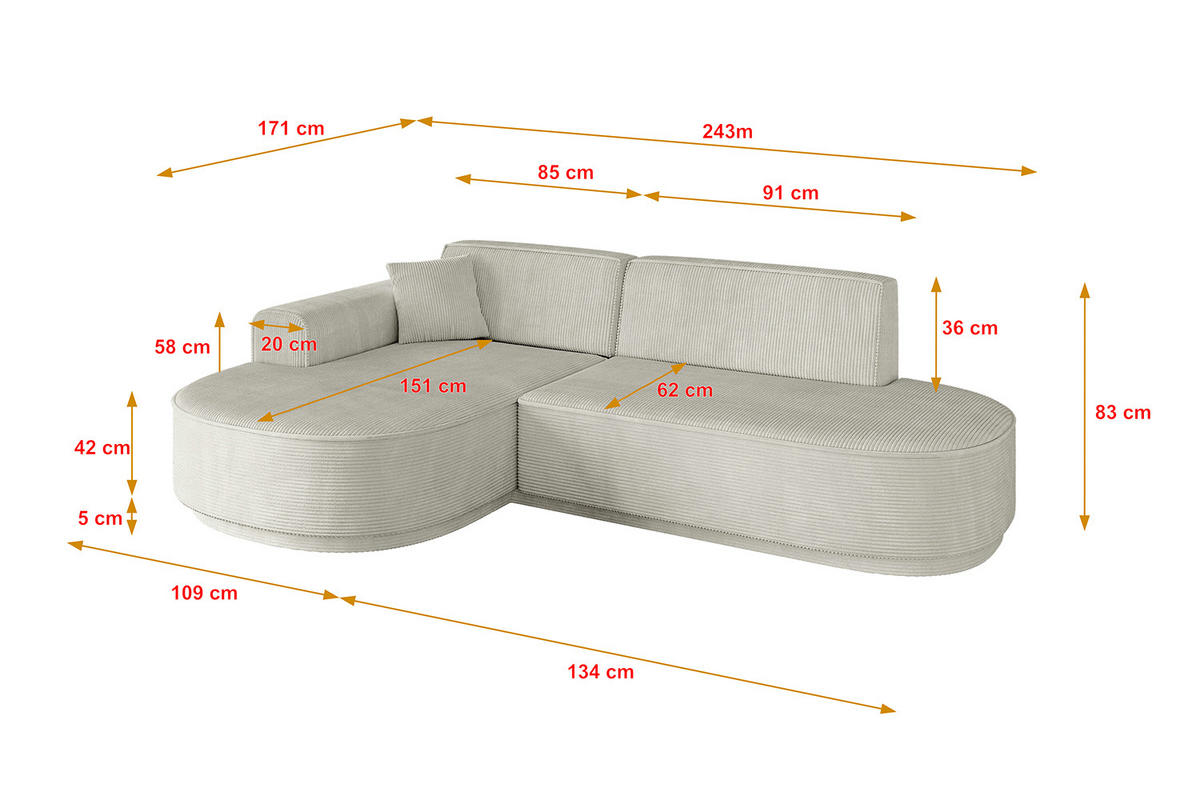 ECKSOFA Ottomane Links MARI-L1-v3 - 243x171x83 cm Hellgrau Cord - Hellgrau/Schwarz, Holzwerkstoff/Kunststoff (243/171cm) - ALTDECOR