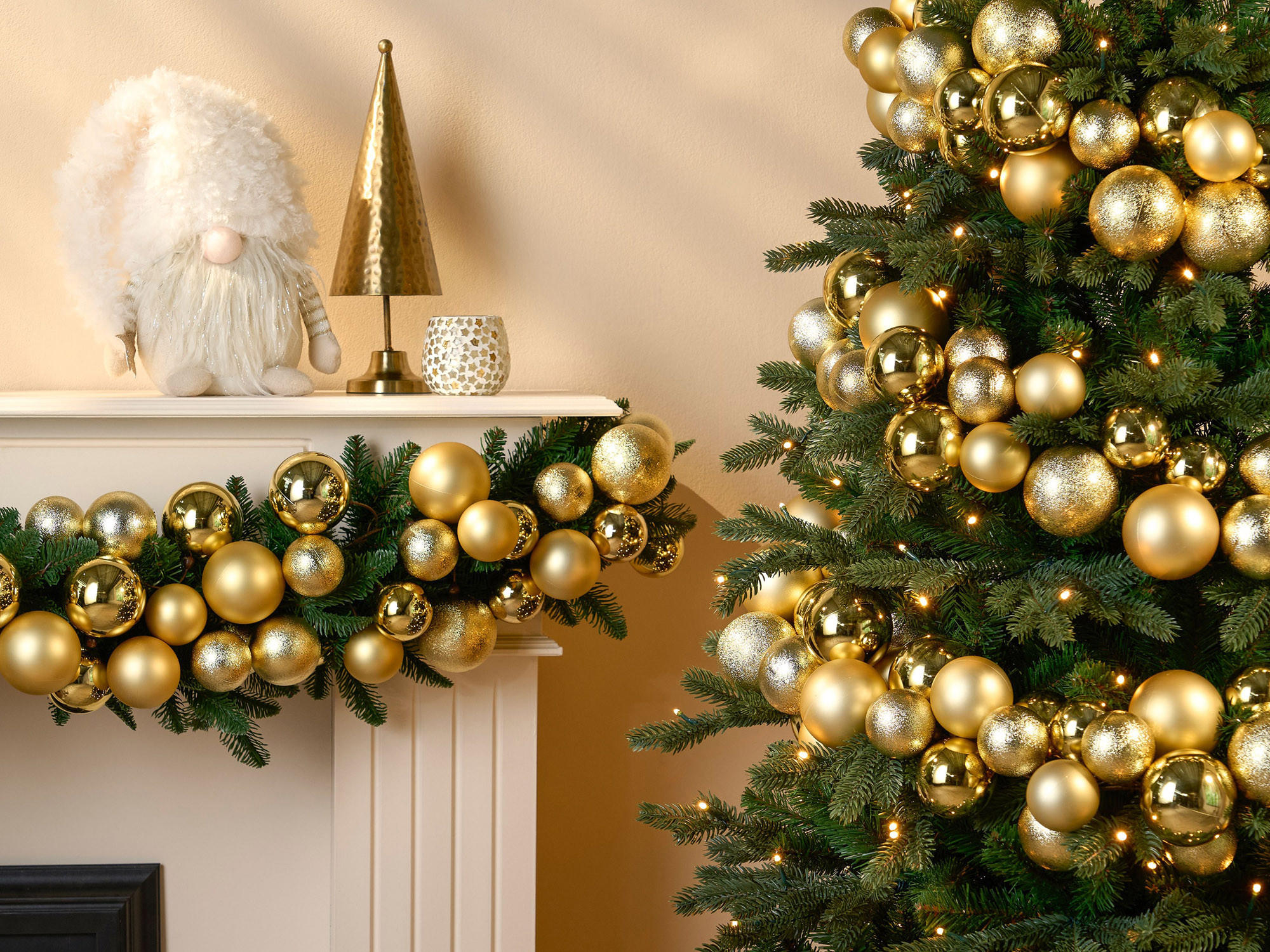 WEIHNACHTSGIRLANDEN-SET 80-teiliges mit Kugeln 4, 5, 6 cm gold, 180 cm - Goldfarben, Kunststoff (6/6/180cm) - LAALU
