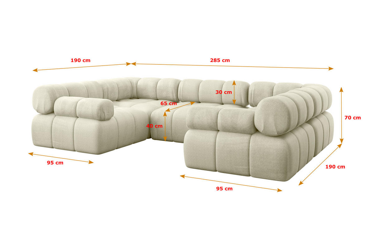 WOHNLANDSCHAFT modulares Sofa Birno-U1 - 285x190x70 cm Beige Velours - Beige, Holzwerkstoff/Textil (285/70/190cm) - ALTDECOR
