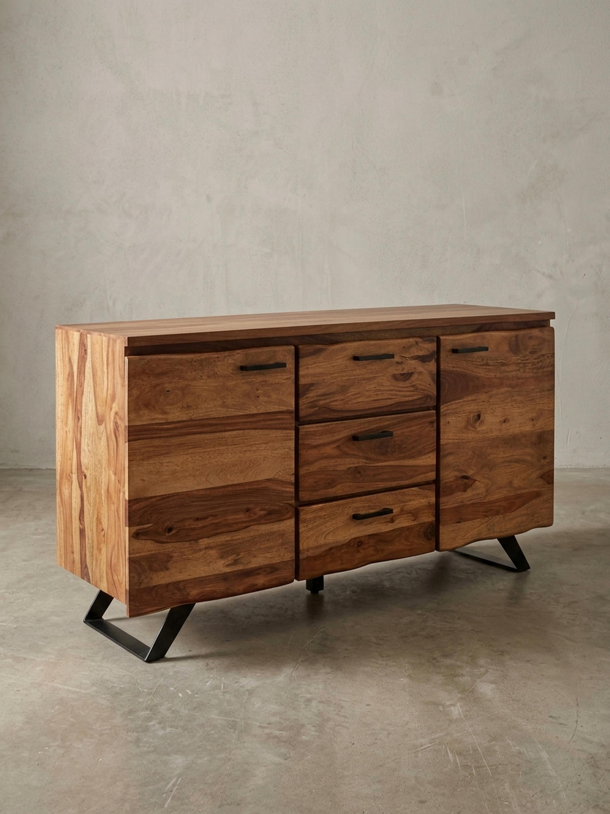 SIDEBOARD – Massivholz, 145x82x45 cm, mit Baumkante, Metallgestell - Schwarz/Braun, Holz/Metall (145/82/45cm) - KADIMA DESIGN