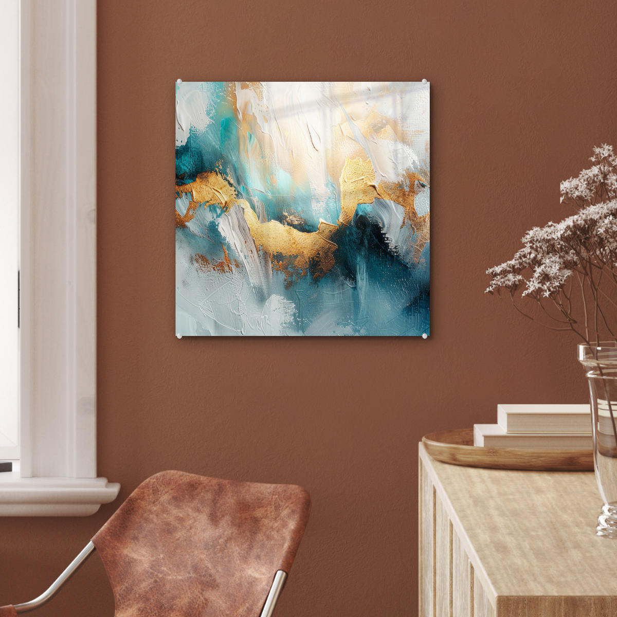 OBRAZ NA AKRYLOVOM SKLE Abstraktné - umenie - zlaté - modré 50x50 cm - petrolejová, sklo (50/50cm) - MuchoWow