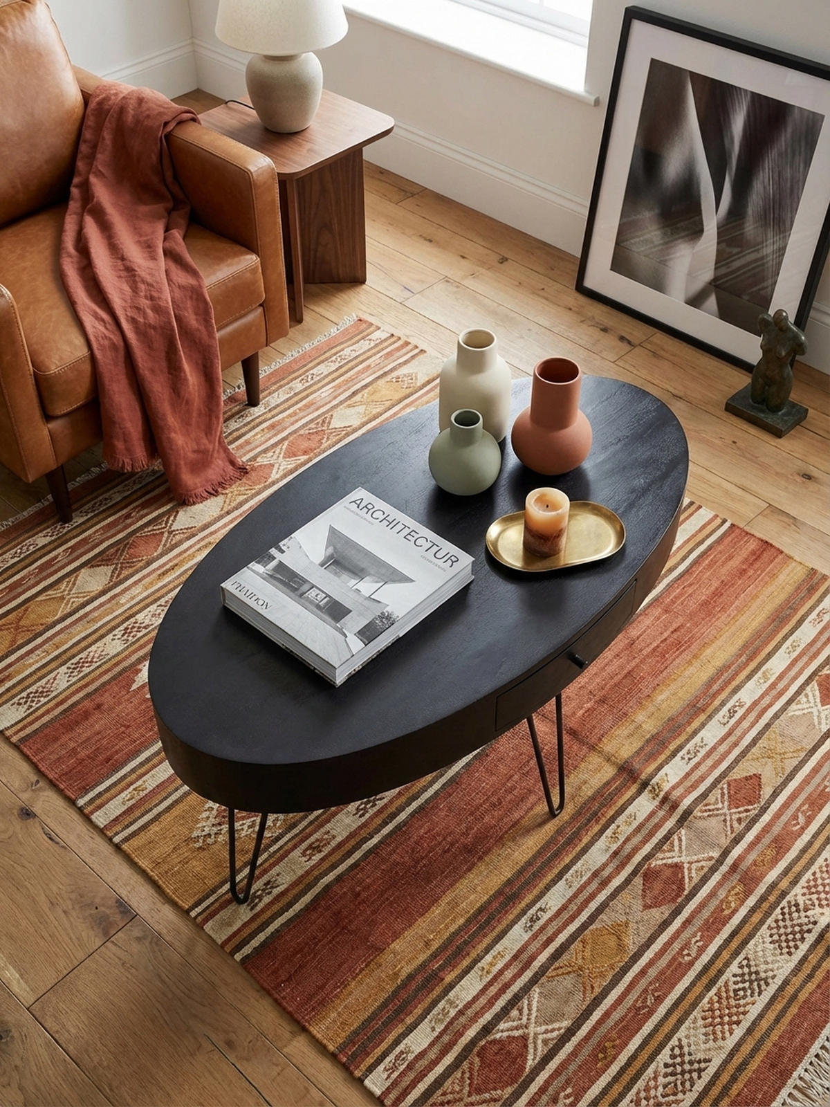 COUCHTISCH in Mango-Massivholz und Metall, 100x50x40 cm, Oval, mit Schublade, Stauraum und Haarnadelbeinen - Schwarz, Holz/Metall (50/100/40cm) - KADIMA DESIGN