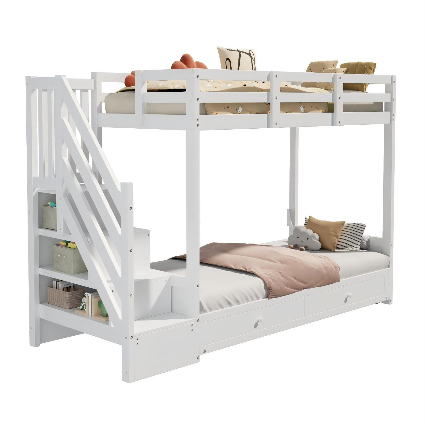 KINDERBETT Etagenbett 90x200 Treppe Schubladen Weiß - Weiß, Holz - FLIEKS