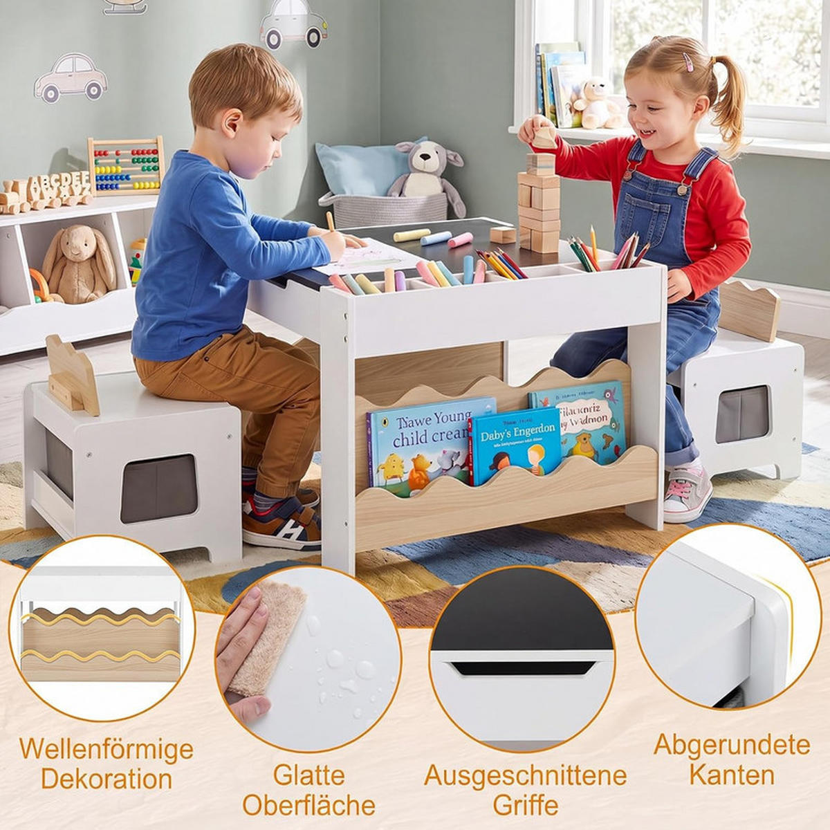 KINDERTISCH mit Stuhl natur(3-tlg) - Naturfarben, Holzwerkstoff (66/48/64cm) - COSTWAY