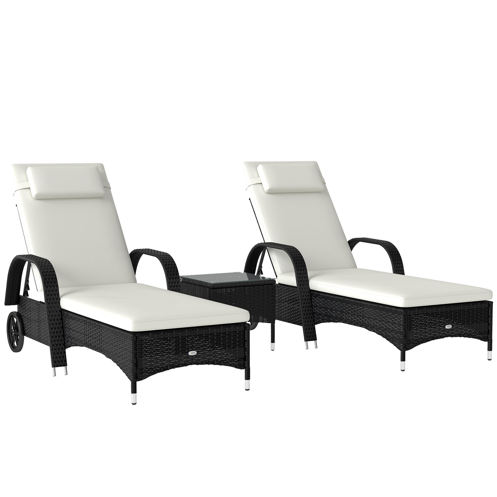 GARTENLIEGE Tisch 3er-Set Gartenmöbel, Polyrattan+Metall Schwarz+Cremeweiß - Schwarz, Kunststoff (73/103/200cm) - Outsunny