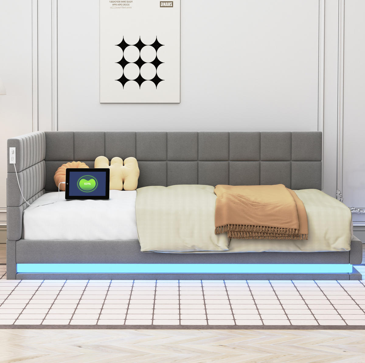 POLSTERBETT aus Leinen 140x200 cm Grau mit LED-Beleuchtung, USB-Anschluss und Lattenrost - Grau, Textil (140/200cm) - Modfu