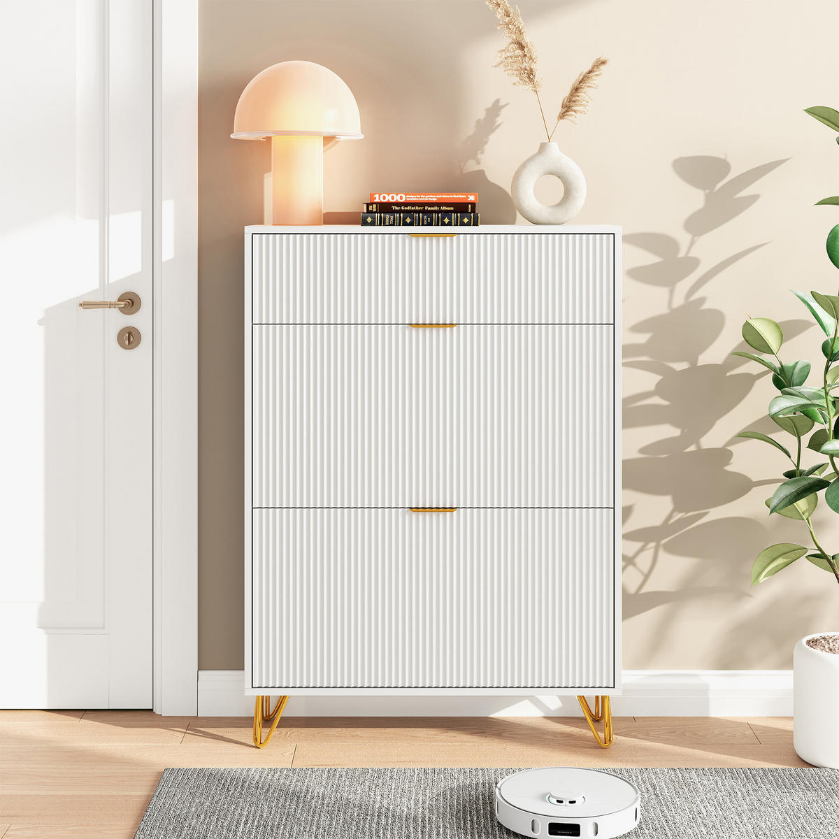 SCHUHSCHRANK mit 3 Türen und goldfarbenen Füßen, Flurschrank, 80 x 24 x 118 cm, weiß - Goldfarben/Weiß, Holzwerkstoff/Metall (24/118/80cm) - GENKI LIVING