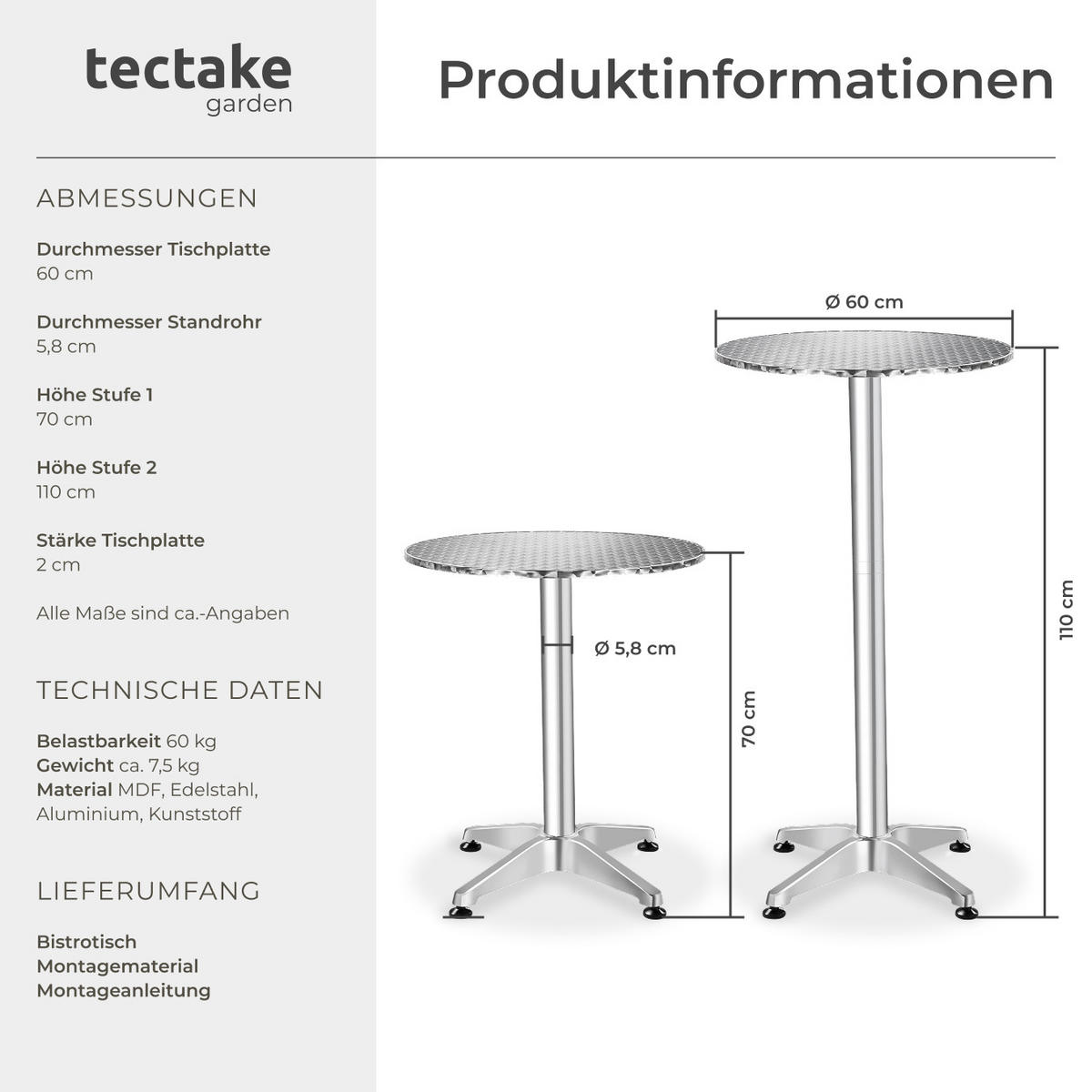 STEHTISCH Frederic,60 x 70/110 cm,grau - Grau, Metall (60/114/60cm) - tectake