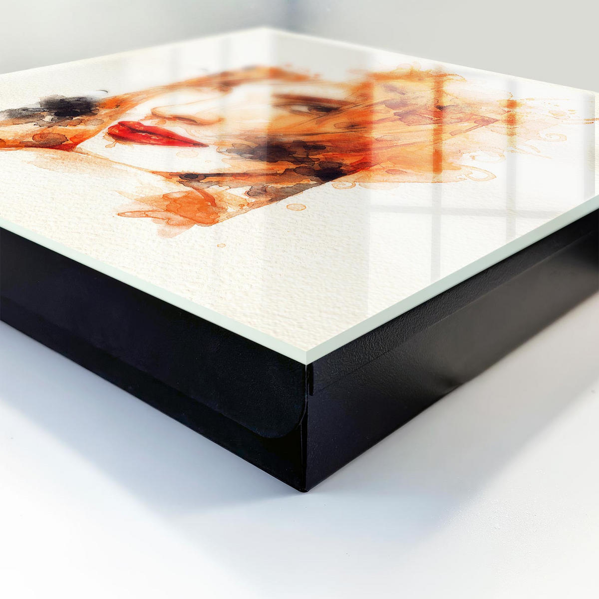 SCHLÜSSELBOX Schwarz 30x30 cm- Türöffnung nach rechts - Feminine Aquarellmalerei - Orange, Metall (30/30/5cm) - TULUP